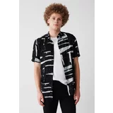 Avva Men's Black Button Collar Soft Handle Abstract Patterned Standard Fit Regular Cut Shirt