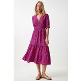  Women's Dark Pink Wrap Collar Floral Summer Viscose Dress | Eponuda.ba