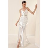 By Saygı Rope Hangings Draped Front with Chain Accessories and a Slit in the Front Lined Satin Long Dress White Cene