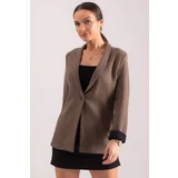 armonika Women's Mink Herringbone Pattern Fold Sleeve Single Button Cachet Jacket