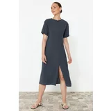 Trendyol Anthracite Straight Cut Gather Detailed Midi Woven Dress