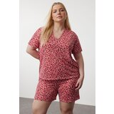 Trendyol Curve Pink Flower Patterned V-Neck Knitted Pajama Set | Shoptok.si