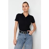 Trendyol Black Polo Neck Buttoned Short Sleeve Stretchy Ribbed Knitted Blouse Cene