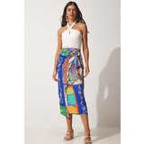  Women's Navy Blue Green Patterned Satin Surface Viscose Wrapped Skirt | shoptok.hr
