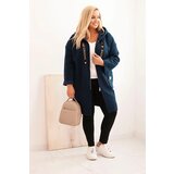 Kesi Włoski Plus Size women's coat made of faux sheepskin with a hood and pockets navy blue | Shoptok.si