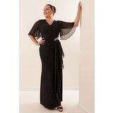 By Saygı Plus Size Glittery Long Dress with Chiffon Sleeves and Stone Accessory Lined Wide Sizes Saks. Cene