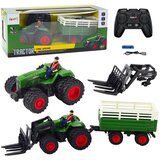 Traktor na daljinsko upravljanje s duplim kotačima, prikolicom i viljuškarom - zeleni Cene