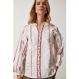  Women's Ecru Embroidered Linen Surface Blouse Cene