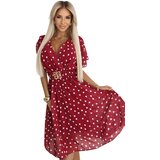 numoco basic 604-1 Sensual burgundy dress with white polka dots, envelope neckline and decorative belt | shoptok.hr