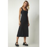 Happiness İstanbul Women's Black Straps Square Collar Ribbed Knit Dress cene