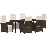 vidaXL 7-delni vrtnarski set za obedovanje z blazinami Rjav poli ratan, zunanja miza Črna 200x80x73 cm Steklena Cene