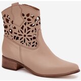 Boto Zazoo 3404 Perforated Cowboy Ankle Boots With Low Heel Leather Dark Beige | shoptok.hr