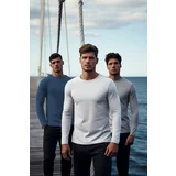 Trendyol Indigo-Stones-Ecru Men's 3-Pack 100% Cotton Long Sleeved Slim/Tight Cut Basic T-Shirt