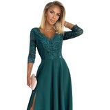 Numoco 309-5 AMBER elegant lace long dress with a neckline - BOTTLE GREEN | Shoptok.si
