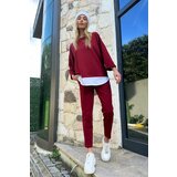 Trend Alaçatı Stili Women's Burgundy Crew Neck Garnished Blouse & Double Pocket Ribbed Stitched Trousers Set cene