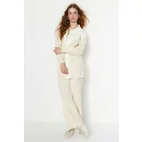 Trendyol Light Beige Color Block, Ribbed Cardigan-Pants, Sweater Top-Upper Set