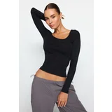 Trendyol Anthracite Wear/Faded Effect Ribbed Pool Collar Fitted Blouse in Cotton, Knitted