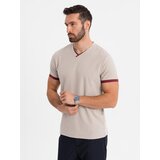 Ombre Men's T-shirt with contrasting inserts and v-neck - beige | shoptok.hr