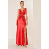 By Saygı Double-breasted Collar Lined Waist Decollete Chain Detail Long Satin Dress Red Cene