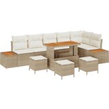 VidaXL 10-dijelni vrtni kauč set s jastučićima bež poli ratan akacija VidaXL 10-dijelni vrtni kauč set s jastučićima bež poli ratan akacija Slike