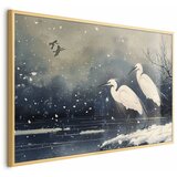  Plakat - Herons over a Winter Pond - illustration in the Japanese style in dark colors 42x29.7 Zlatni okvir | shoptok.hr