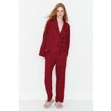 Trendyol Claret Red Heart Patterned Lacing Detail Viscose Woven Pajamas Set Cene