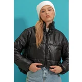 Trend Alaçatı Stili Women's Black Stand Collar Double Pockets Elastic Waist Inflatable Puffer Coat