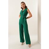 By Saygı Double Breasted Collar Crepe Jumpsuit With Buckle Belt Emerald Cene