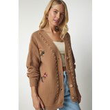 Happiness İstanbul Women's Biscuit Floral Embroidery Textured Knitwear Cardigan Cene