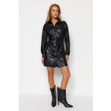 Trendyol Black Faux Leather Strap Mini Dress with Buttons, Shirt Collar | shoptok.hr