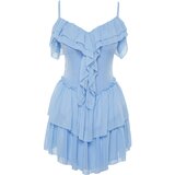 Trendyol Blue Waist Opening/Skater Ruffle Chiffon Dress Cene