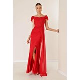 By Saygı Low Sleeves Front Draped and Lined Underwire Long Glittery Dress Red Cene