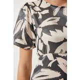  Women's Smoky Cream Patterned Satin Surface Slit Summer Dress Cene
