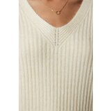  Women's Ecru V-Neck Textured Knitwear Sweater | Shoptok.si