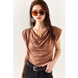 Olalook Women's Camel Padded Plunging Collar Flowy Blouse | Shoptok.si