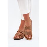 Boto Ladies Slippers With Golden Buckles And Stitching Light Brown Lunera | Shoptok.si