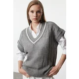 Trendyol Gray Wide Fit V-Neck Openwork Knitwear Sweater