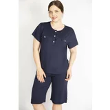 Şans Women's Navy Plus Size Blouse with Metal Buttons at the Front Pops and Legs and Capri Double Suit.
