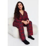 Trendyol Curve Red Shirt Collar Plaid/Check Knitted Pajamas Set Cene