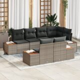 vidaXL 7-delni vrtni kavč set s blazinami, siva poli ratan akacija | Shoptok.si