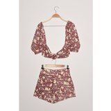 Trendyol Shawl Pattern Balloon Sleeve Buckled Shorts Blouse Set | Shoptok.si
