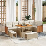 vidaXL 9-delni vrtni kavč set z blazinami bež poli ratan acacia | Shoptok.si