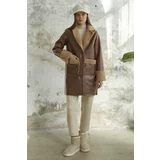 InStyle Furry Faux Leather Pocket Coat - Camel