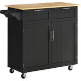 HOMCOM leseni večnamenski kuhinjski voziček z 2 predaloma, omarico in 4 kolesi, 104x46x91cm, črn, (20745309) Cene