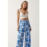  Women Ecru Blue High Waist Summer Wide Viscose Trousers | Shoptok.si