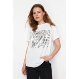 Trendyol White 100% Cotton Foil and Slogan Printed Knitted T-Shirt cene