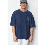 Trendyol Indigo Men's Oversize/Wide Cut Vintage/Faded Effect Text Printed 100% Cotton Short Sleeve T-Shirt Cene