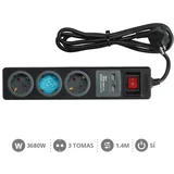 Podaljšek 3 vtičnice 1,4m + stikalo črn gsc + 2usb GSC