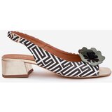 Laura Messi Leather Women's Sandals On A Block Heel With Decorative Flower 2973 White-Black | Shoptok.si