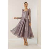 By Saygı Square Neck Long Sleeve Lined Sequined Beaded Dress | Shoptok.si